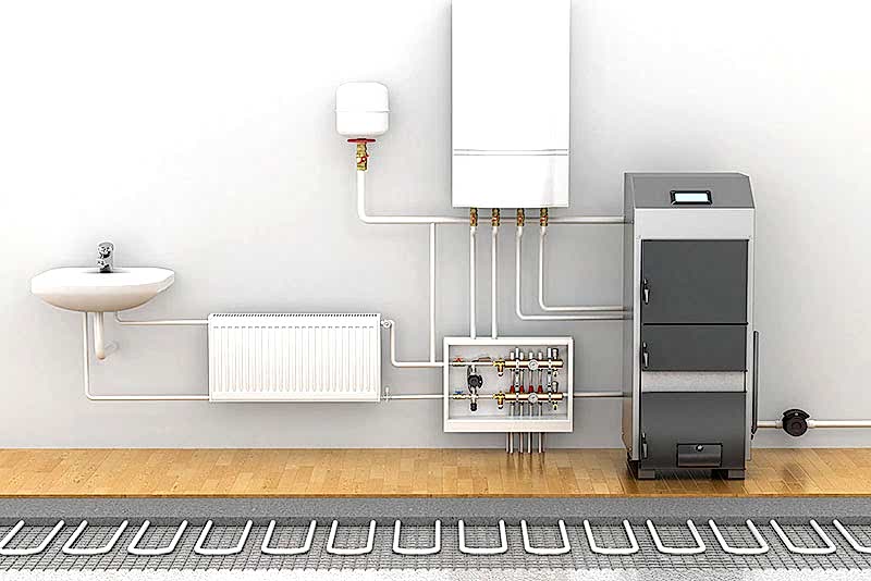 A sink with pipes connected to a heating system.